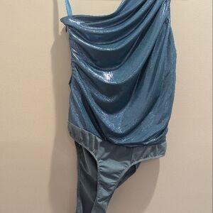 Light Blue Shiny Draped One-Shoulder Bodysuit
